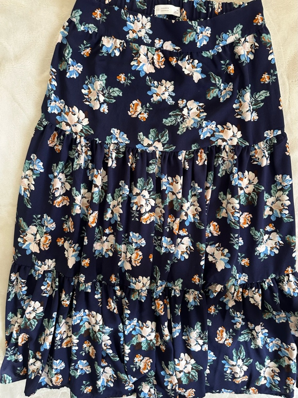 LC Lauren Conrad Navy Floral Tiered Skirt with Blue & White Blooms (M)